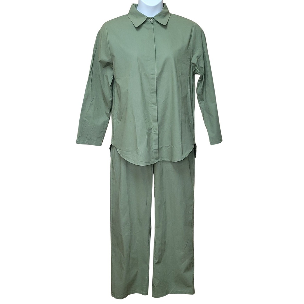 Chic 100%‎ Cotton 2Pc Button-Up Shirt Elastic Waist Pants Sage Boho Resort 2XL - Picture 2 of 10